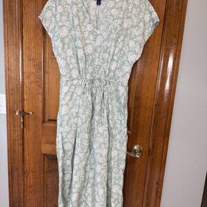 Lands End Tencel v-neck drawstring midi dress sage green floral Size L